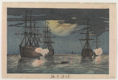 Maanverlichte zee bij Kawasaki, ca. 1879 door Kobayashi Kiyochika